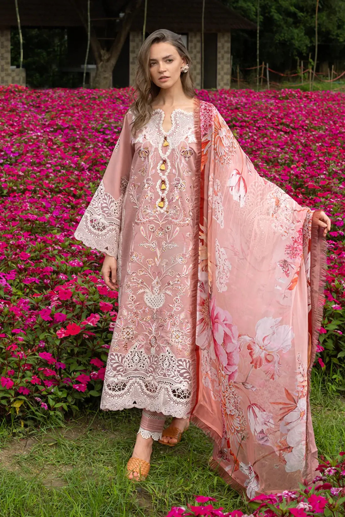 Peach Blossom peach Mushq chikan lawn suit with chiffon dupatta and handmade tassels