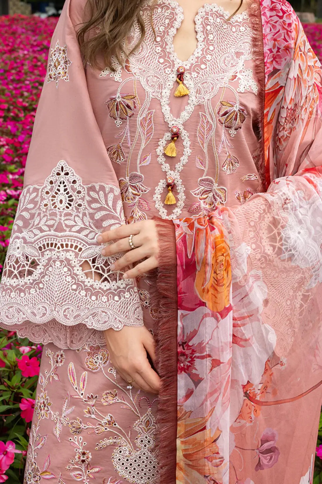 Peach Blossom peach Mushq chikan lawn suit with chiffon dupatta and handmade tassels
