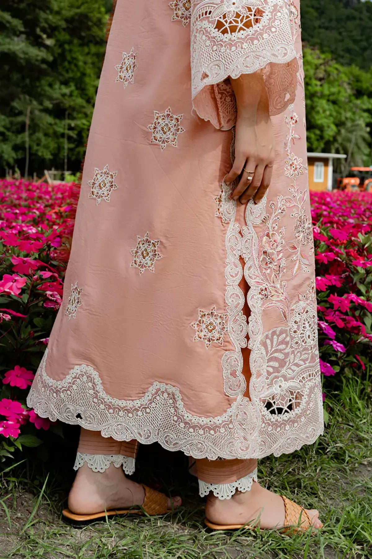 Peach Blossom peach Mushq chikan lawn suit with chiffon dupatta and handmade tassels