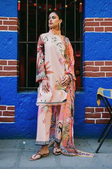 Peach Poppies- Lawn shirt with crochet lace for daman and side slit By- Mushq