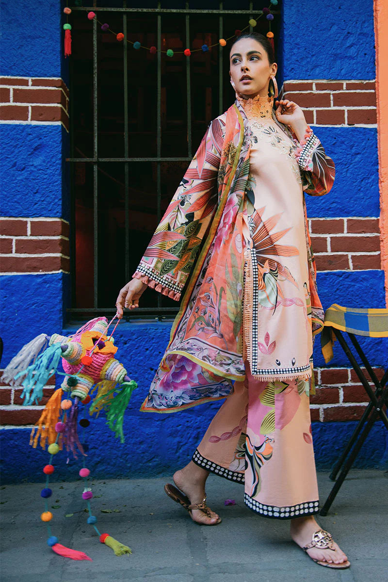 Peach Poppies- Lawn shirt with crochet lace for daman and side slit By- Mushq