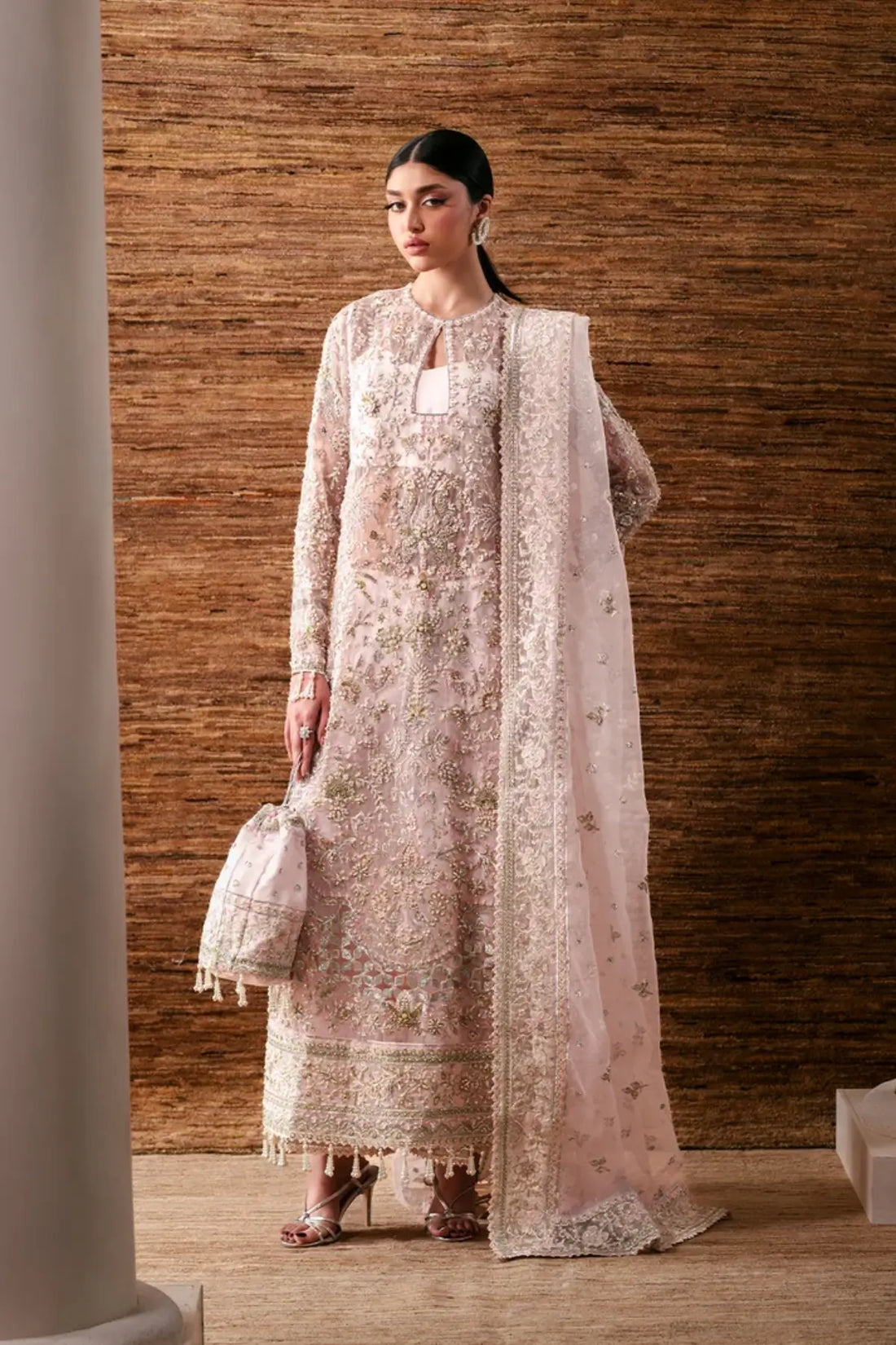 Pearl Essence Emaan Adeel blush pink embroidered organza stitched wedding formal suit with dupatta and raw silk trouser