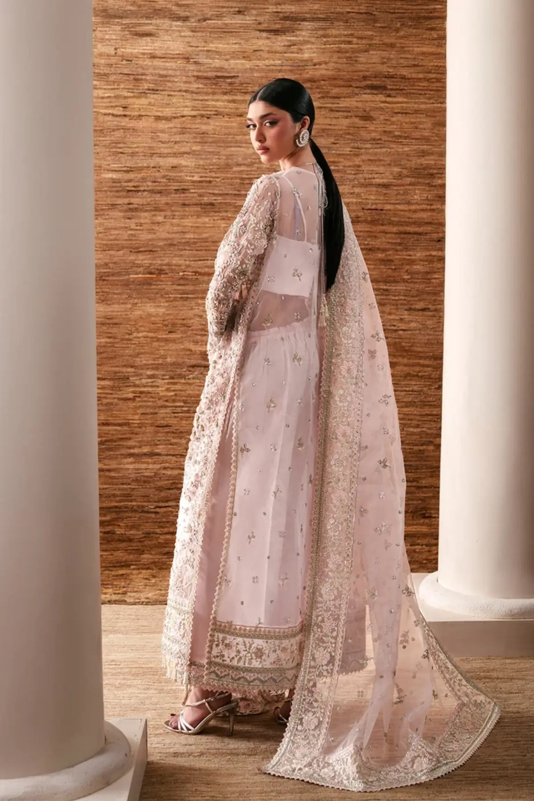 Pearl Essence Emaan Adeel blush pink embroidered organza stitched wedding formal suit with dupatta and raw silk trouser