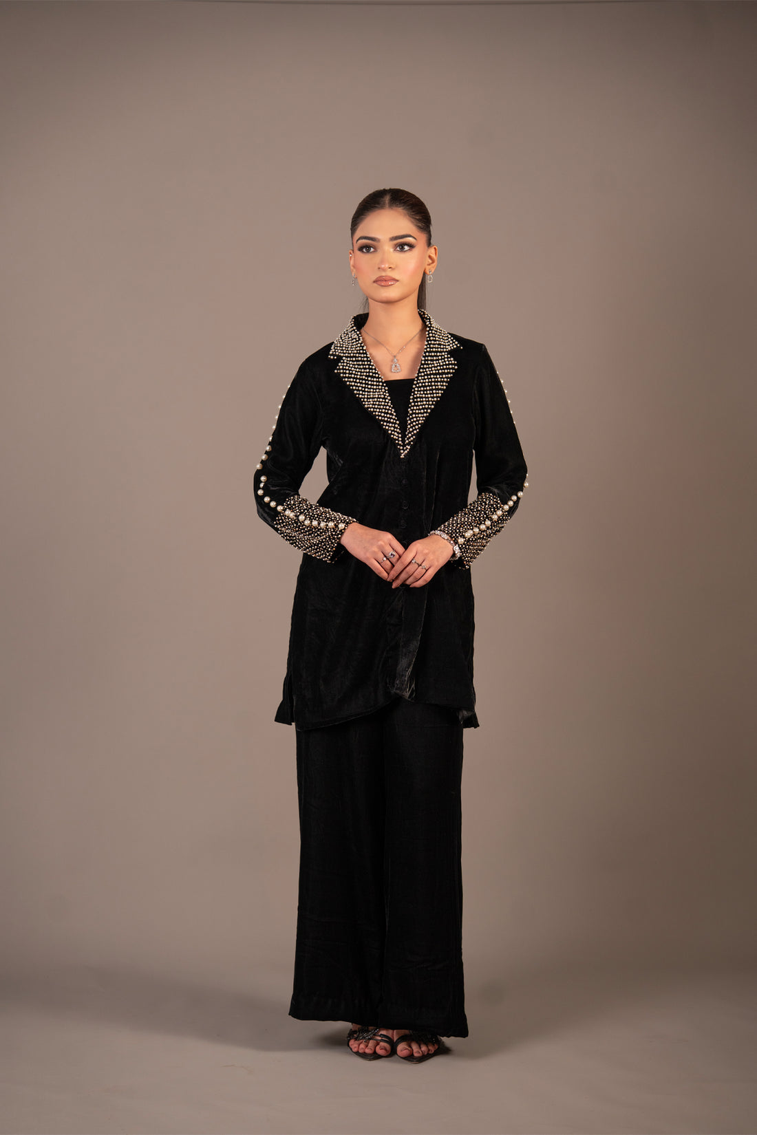 Pearl Noir Starry Night Black pearl embellished velvet co-ord set by MariamRaj