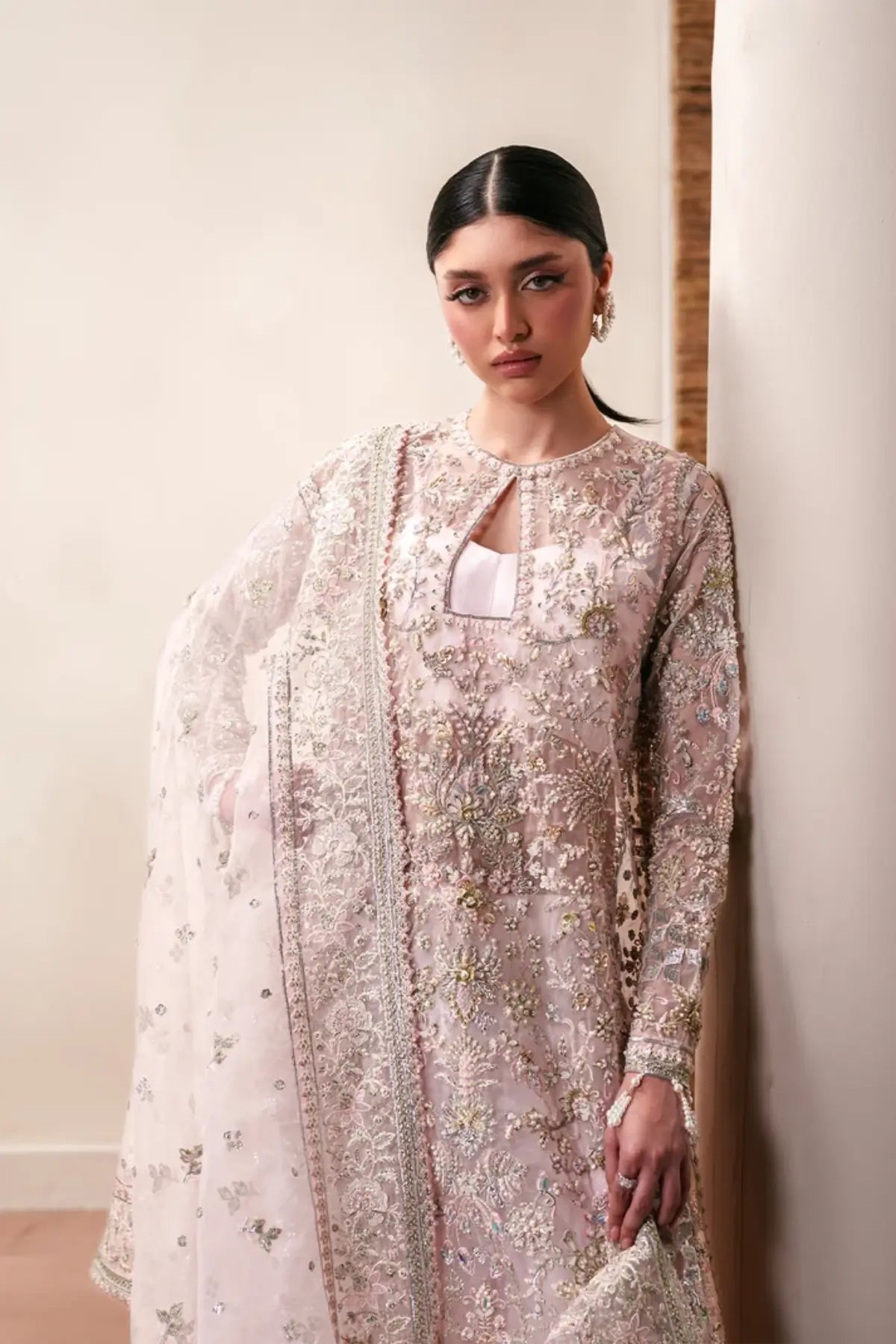 Pearl Essence Emaan Adeel blush pink embroidered organza stitched wedding formal suit with dupatta and raw silk trouser