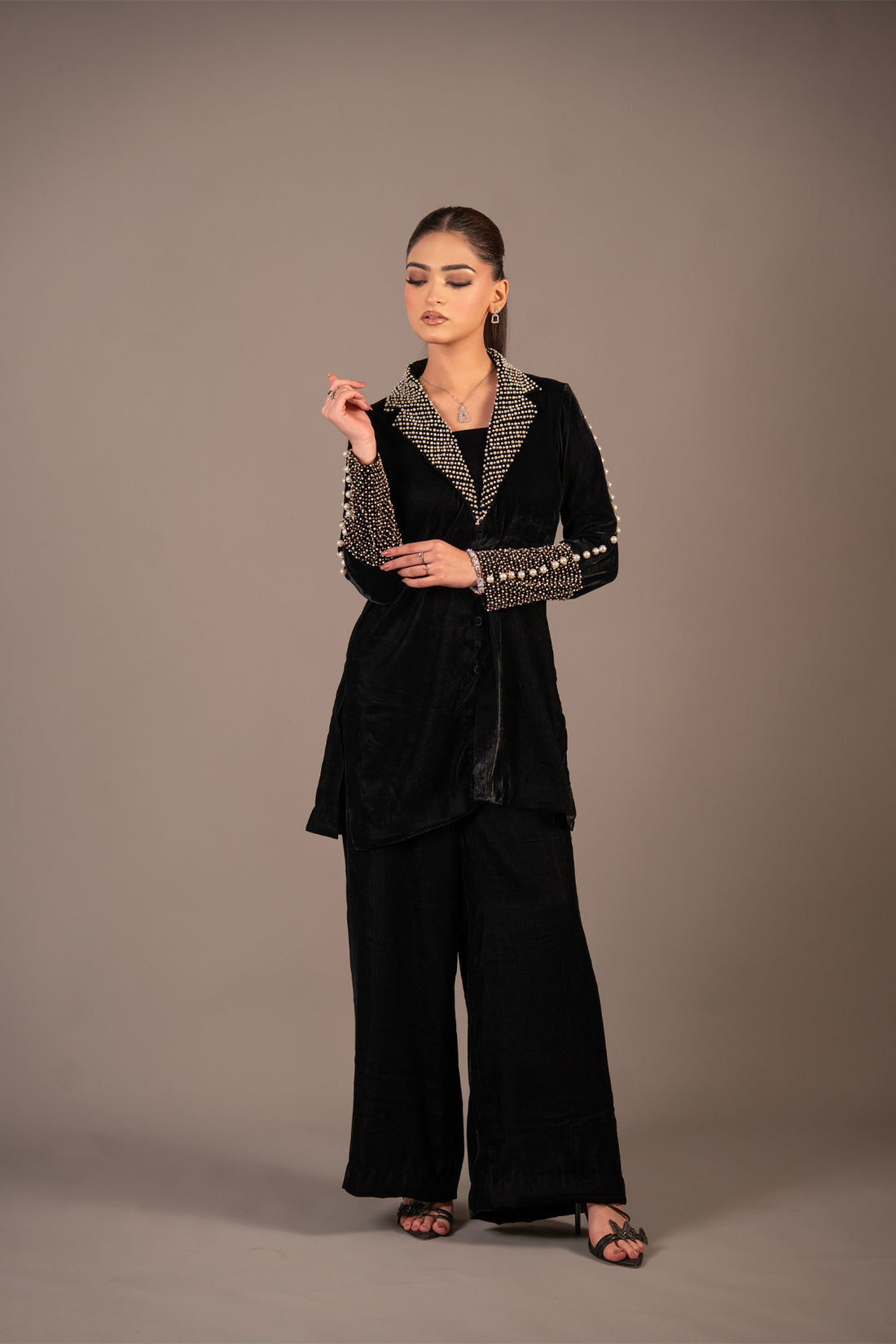 Pearl Noir Starry Night Black pearl embellished velvet co-ord set by MariamRaj