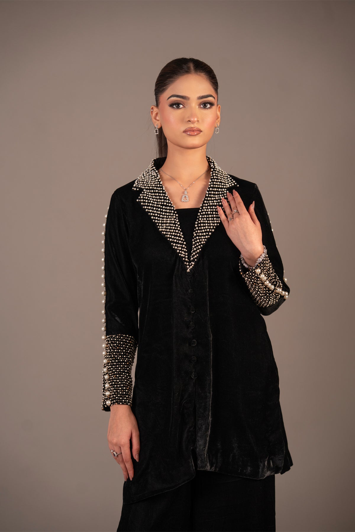 Pearl Noir Starry Night Black pearl embellished velvet co-ord set by MariamRaj