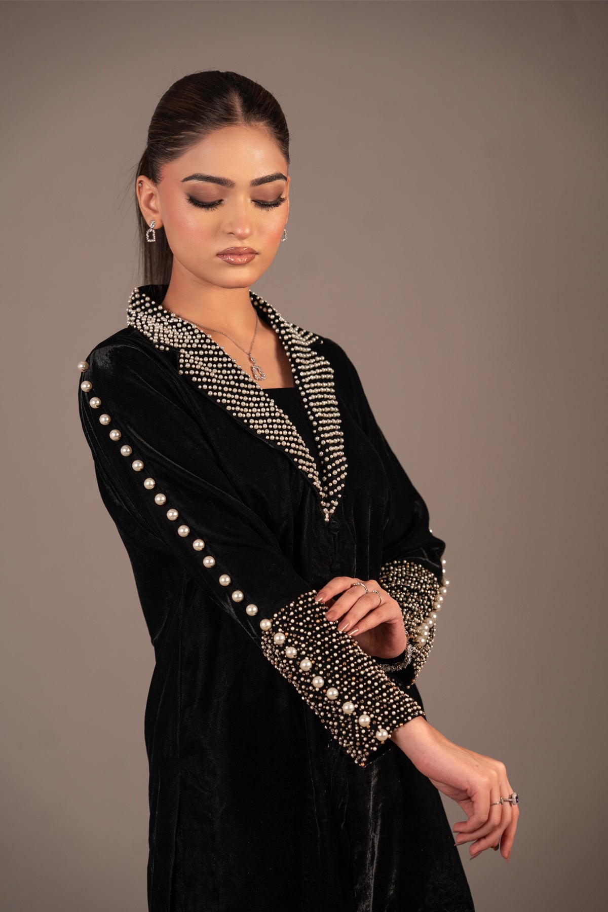 Pearl Noir Starry Night Black pearl embellished velvet co-ord set by MariamRaj