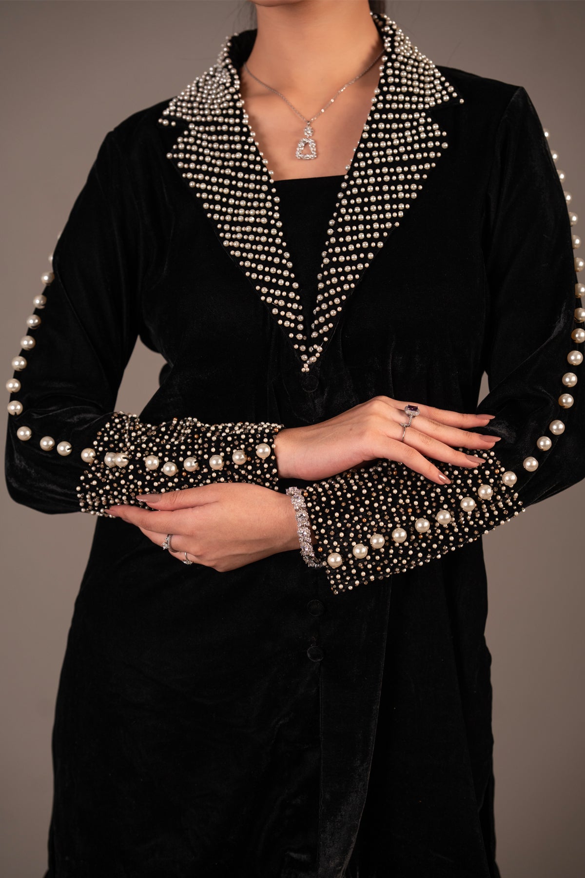 Pearl Noir Starry Night Black pearl embellished velvet co-ord set by MariamRaj