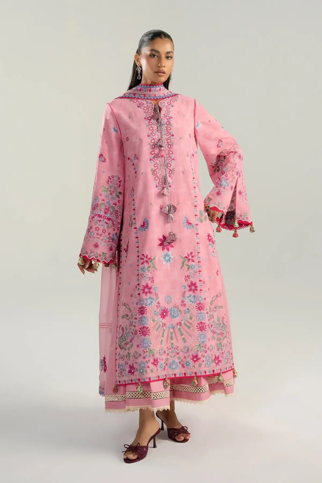 Pembe pink jacquard lawn stitched 3PC suit with chiffon dupatta by Hussain Rehar Pakistanimoda
