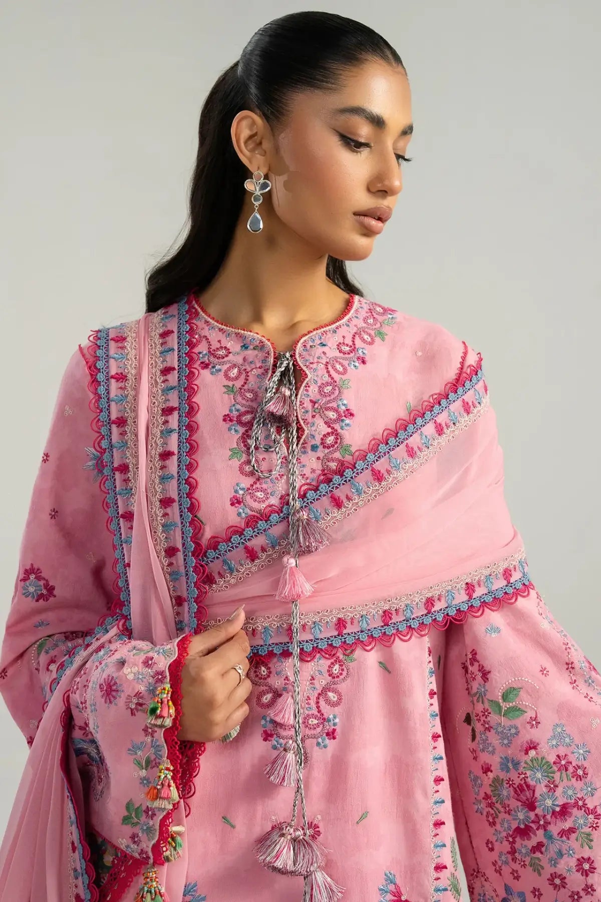 Pembe pink jacquard lawn stitched 3PC suit with chiffon dupatta by Hussain Rehar Pakistanimoda
