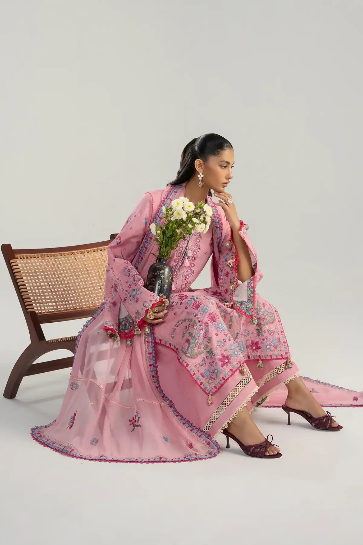 Pembe pink jacquard lawn stitched 3PC suit with chiffon dupatta by Hussain Rehar Pakistanimoda