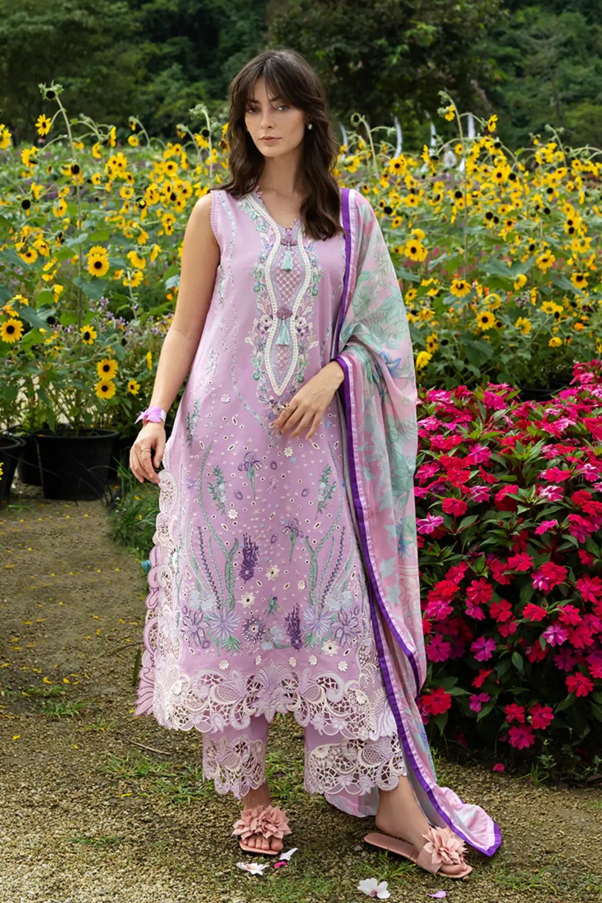 Peony Glow by Mushq light pink chikan lawn suit with appliqué organza borders
