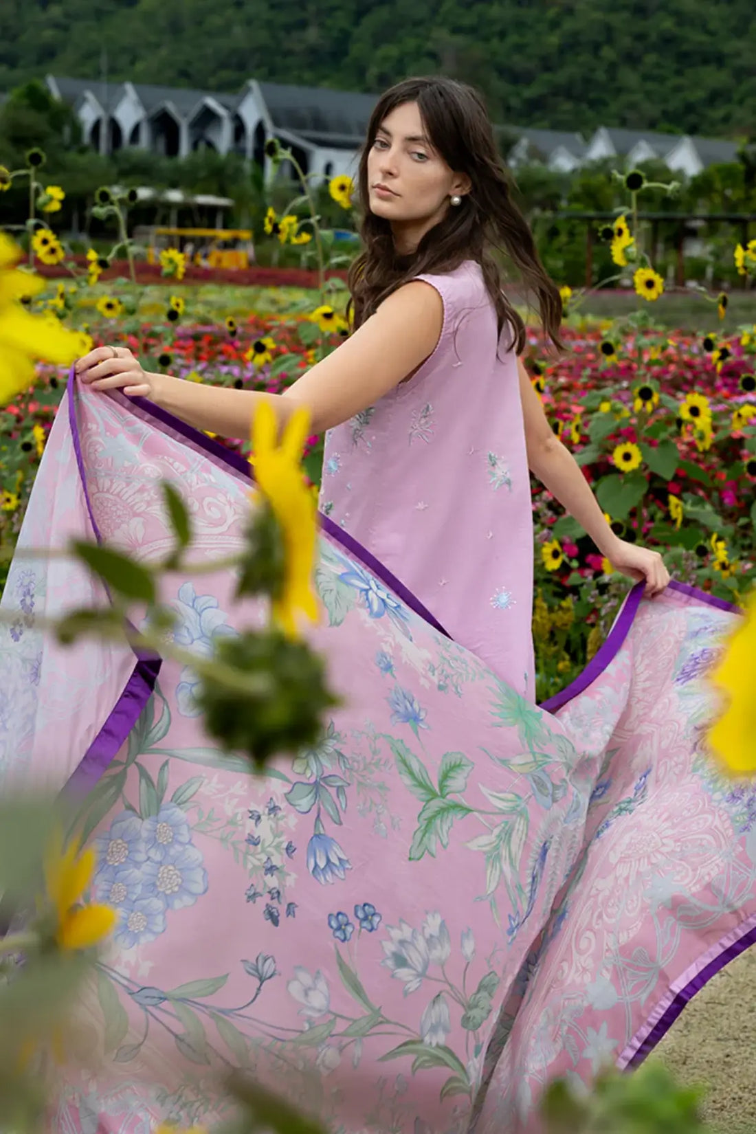 Peony Glow by Mushq light pink chikan lawn suit with appliqué organza borders