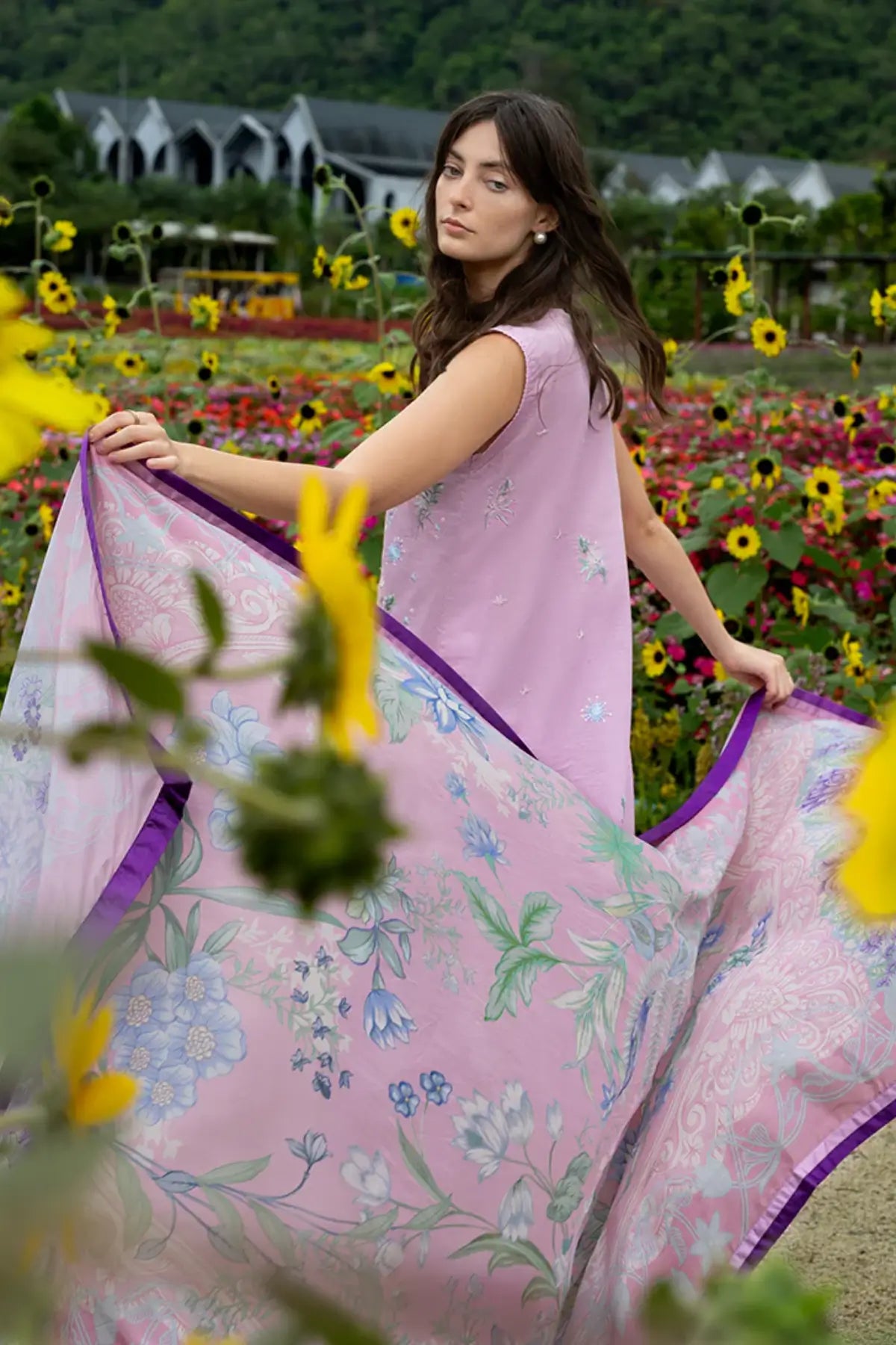 Peony Glow by Mushq light pink chikan lawn suit with appliqué organza borders