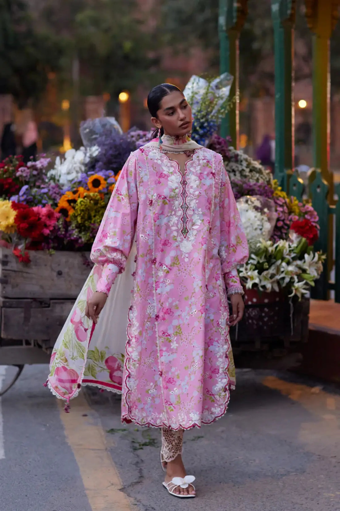 Zaha Peony Reverie ZF26-03 pink stitched lawn 3PC suit with floral embroidery and chiffon dupatta
