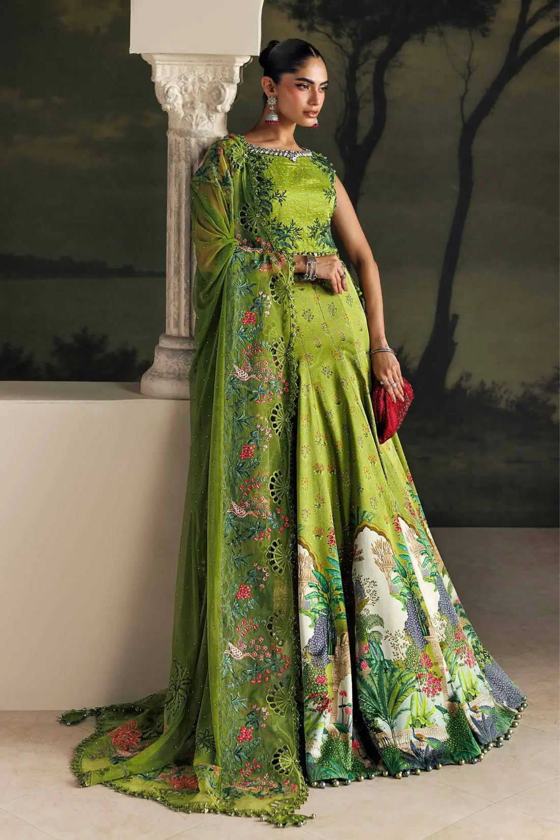 Peridot Green embroidered raw silk choli with printed charmeuse silk lehenga and embellished net dupatta from Maria.B Soirée