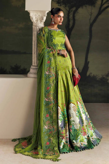 Peridot Green embroidered raw silk choli with printed charmeuse silk lehenga and embellished net dupatta from Maria.B Soirée