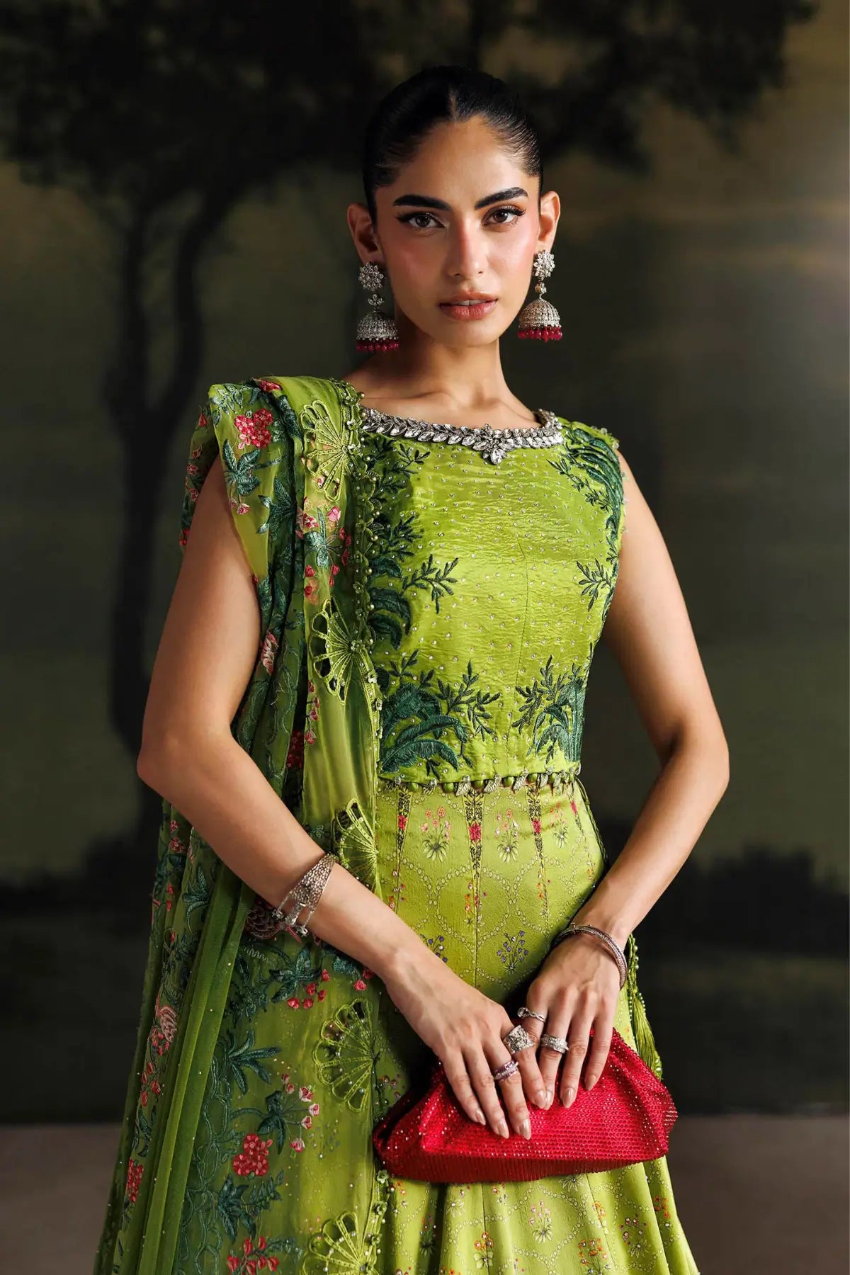 Peridot Green embroidered raw silk choli with printed charmeuse silk lehenga and embellished net dupatta from Maria.B Soirée