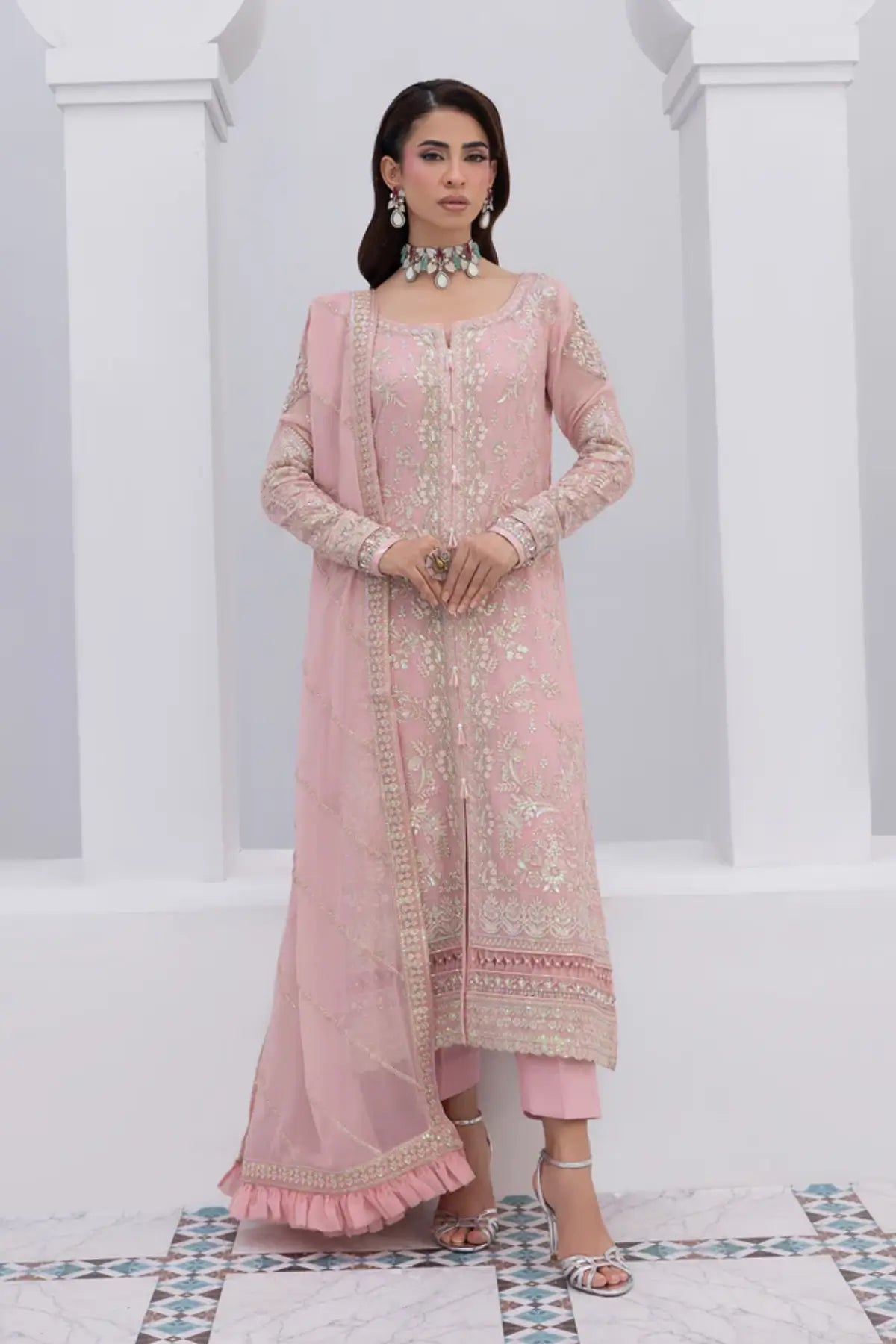 Perle Gulaal Maeri Luxury Chiffon Blush Pink Stitched 3PC Suit with embroidered chiffon shirt, dupatta and raw silk trousers