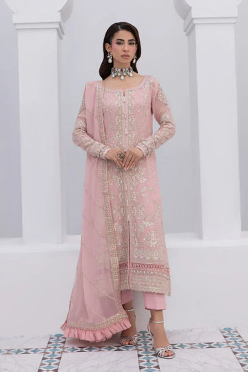Perle Gulaal Maeri Luxury Chiffon Blush Pink Stitched 3PC Suit with embroidered chiffon shirt, dupatta and raw silk trousers