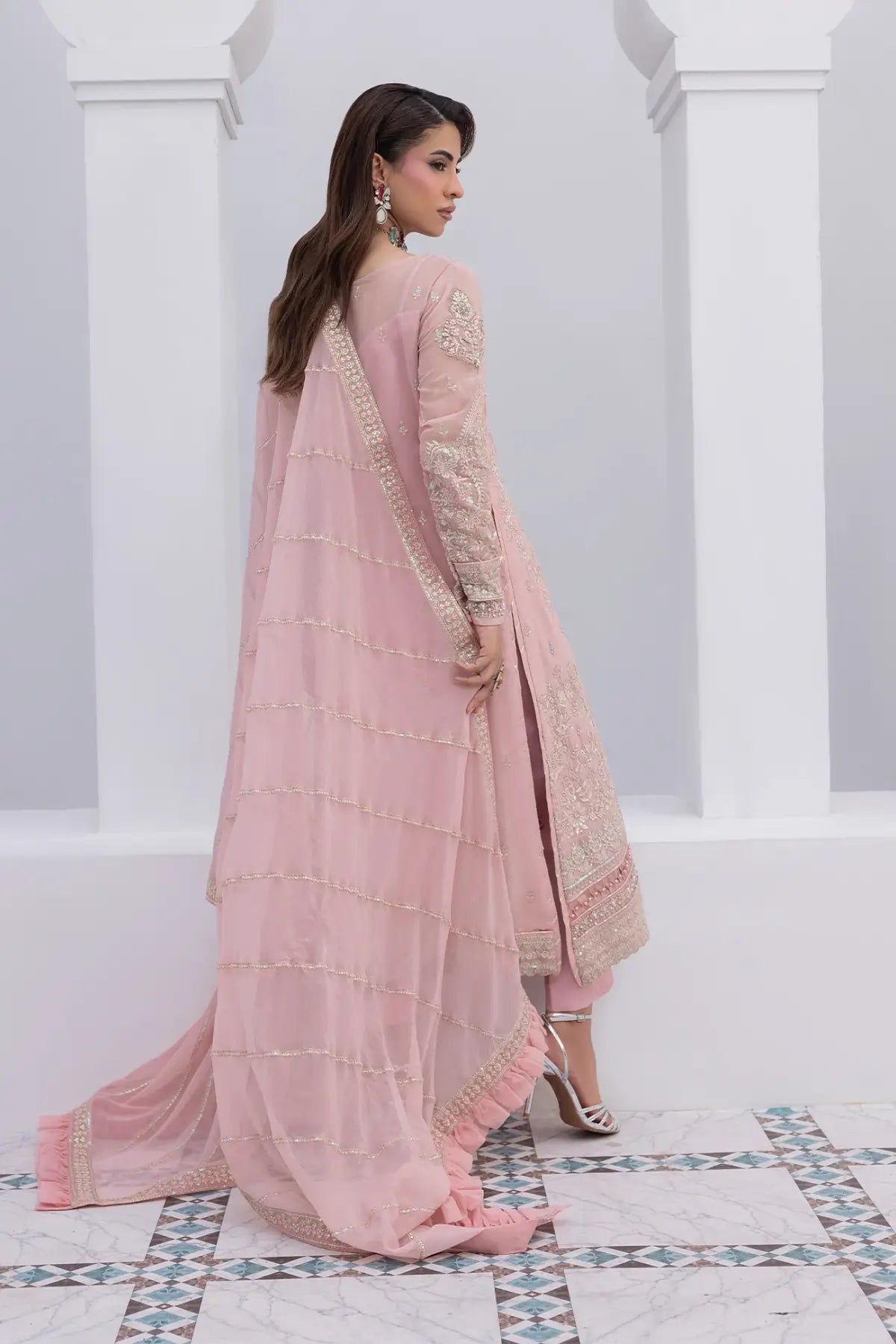 Perle Gulaal Maeri Luxury Chiffon Blush Pink Stitched 3PC Suit with embroidered chiffon shirt, dupatta and raw silk trousers