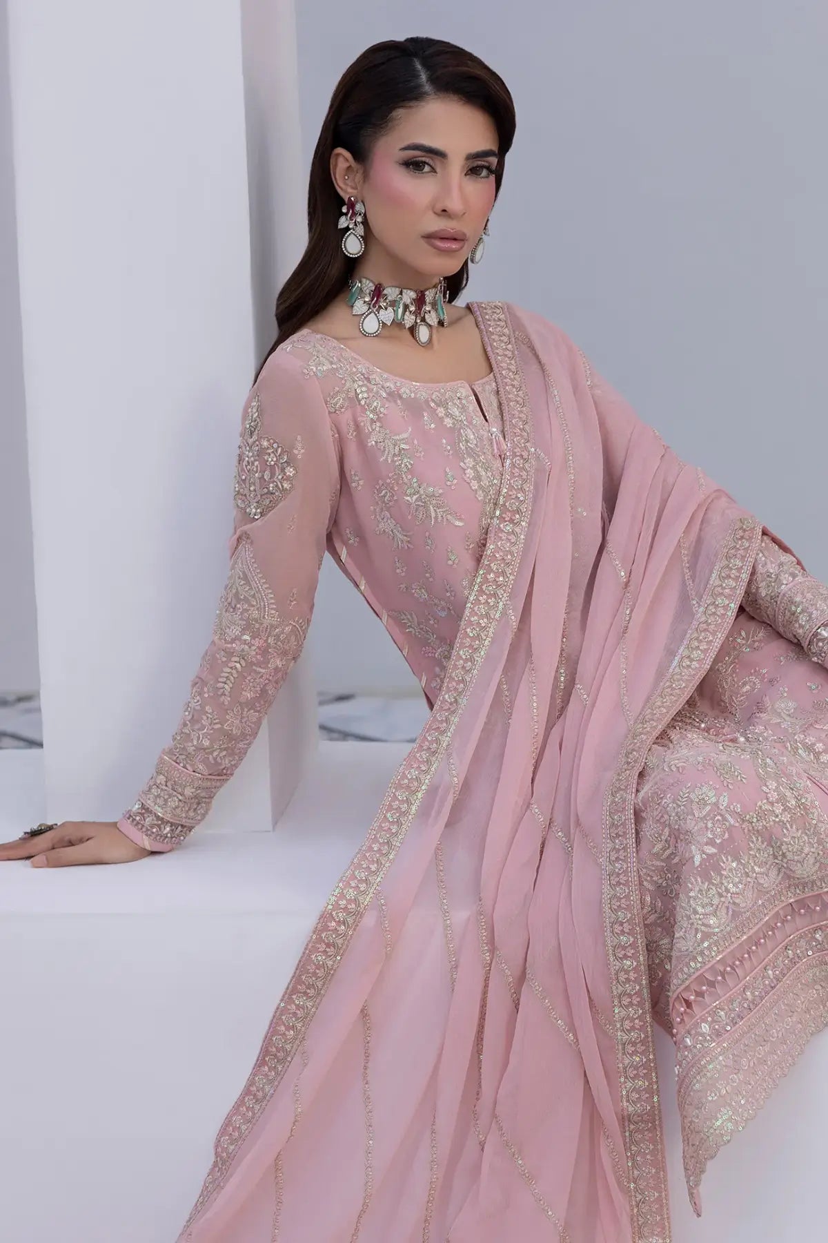 Perle Gulaal Maeri Luxury Chiffon Blush Pink Stitched 3PC Suit with embroidered chiffon shirt, dupatta and raw silk trousers