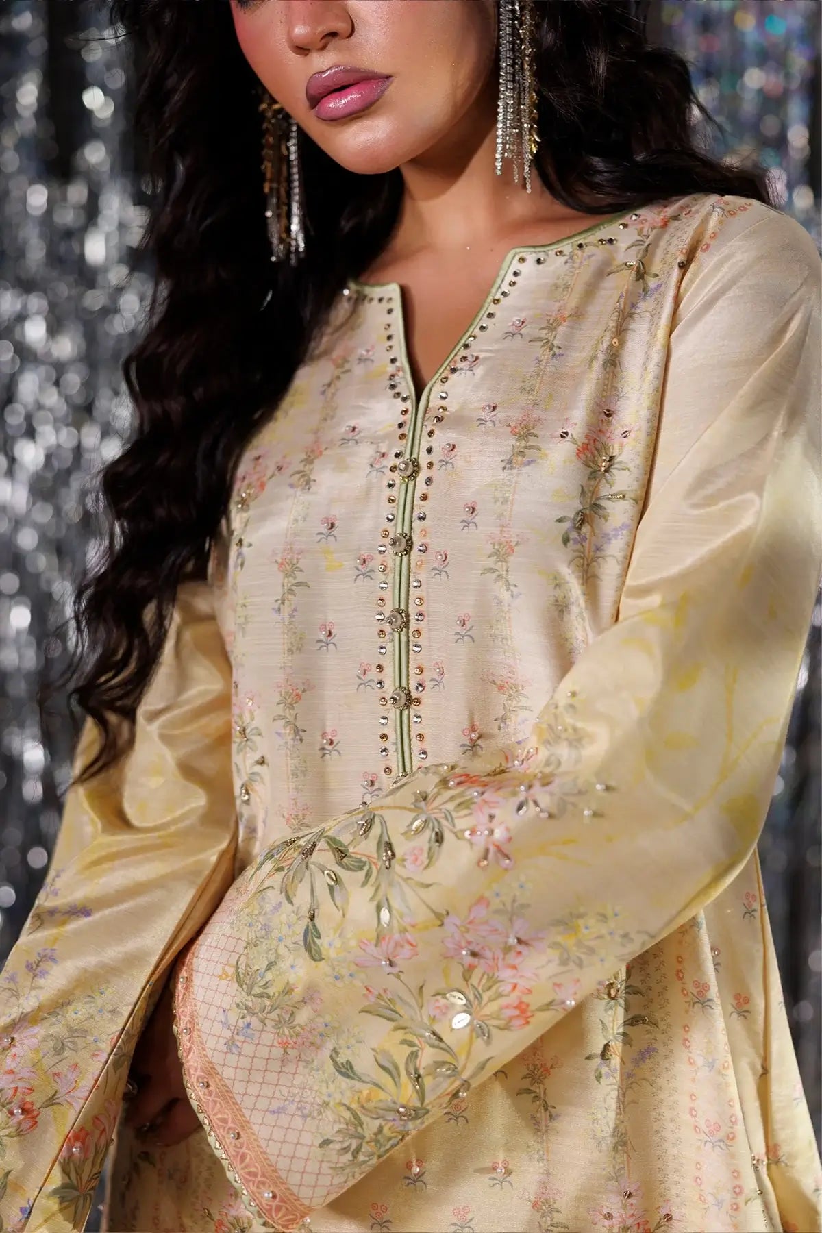 Perle yellow raw silk handworked Mehndi stitched 3PC Pakistani suit with printed Tusser silk dupatta