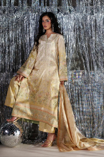 Perle yellow raw silk handworked Mehndi stitched 3PC Pakistani suit with printed Tusser silk dupatta