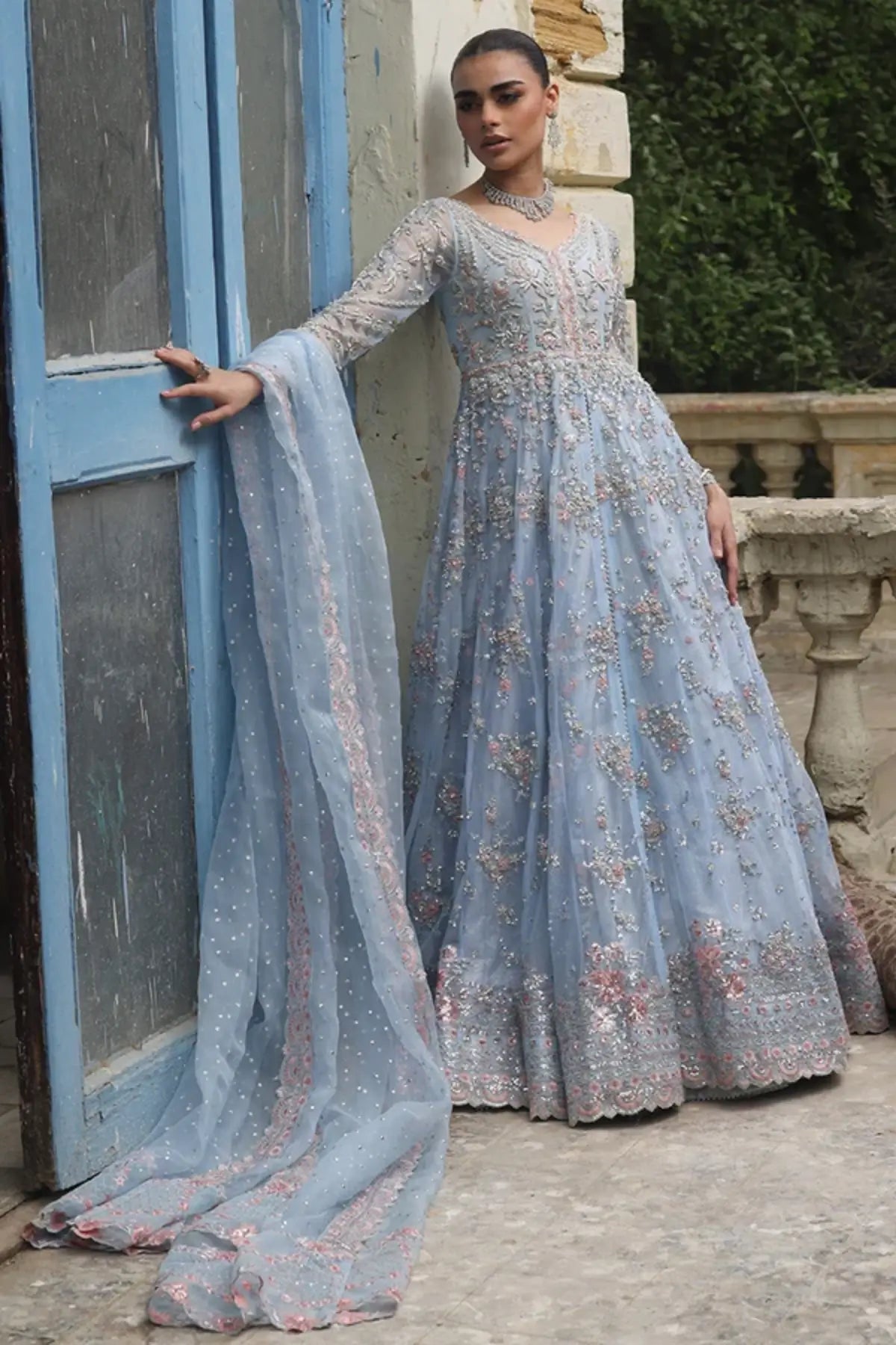 Pernia Ice Blue Embroidered Net Pishwas with Silver Floral Work, Lame Tissue Lehenga and Organza Dupatta