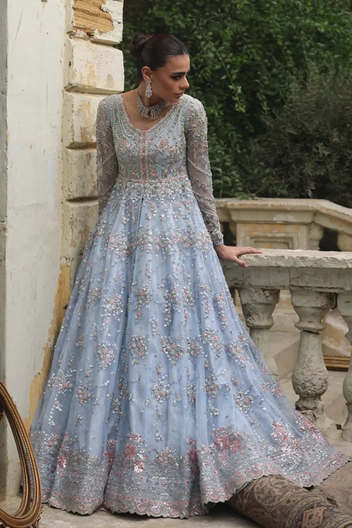 Pernia Ice Blue Embroidered Net Pishwas with Silver Floral Work, Lame Tissue Lehenga and Organza Dupatta