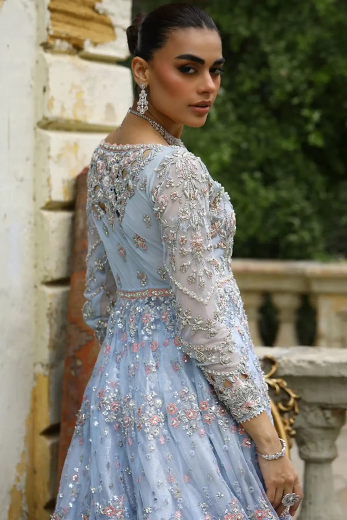 Pernia Ice Blue Embroidered Net Pishwas with Silver Floral Work, Lame Tissue Lehenga and Organza Dupatta