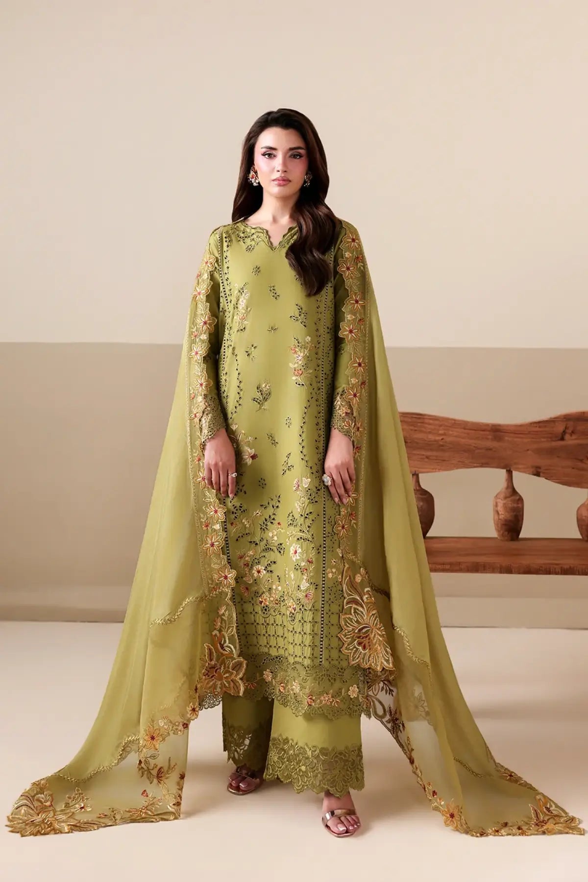 Petal Muse by Azure dhani green luxury lawn stitched 3PC suit with embroidered shirt viscose silk dupatta and trousers