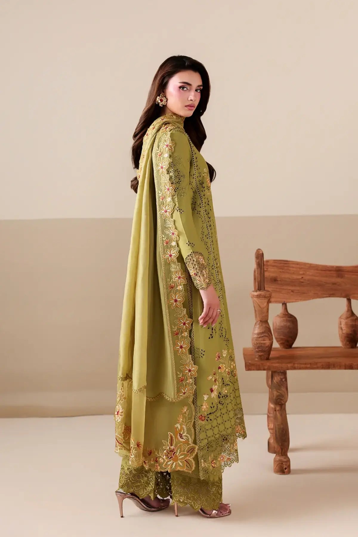 Petal Muse by Azure dhani green luxury lawn stitched 3PC suit with embroidered shirt viscose silk dupatta and trousers