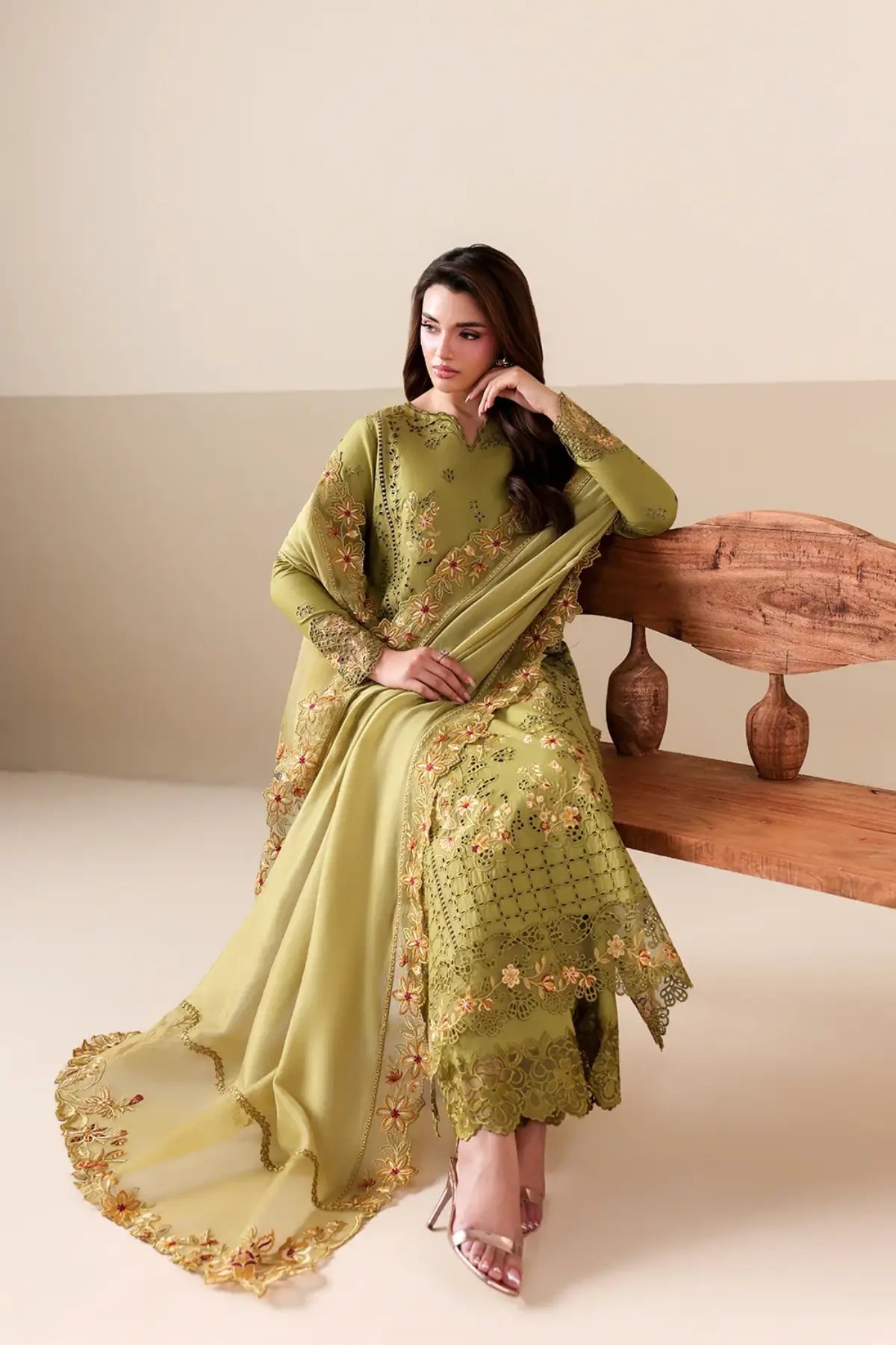 Petal Muse by Azure dhani green luxury lawn stitched 3PC suit with embroidered shirt viscose silk dupatta and trousers