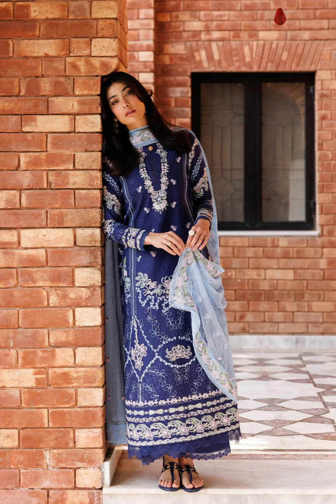 Petal Posh Emaan Adeel navy blue embroidered lawn stitched 3PC suit with chiffon dupatta