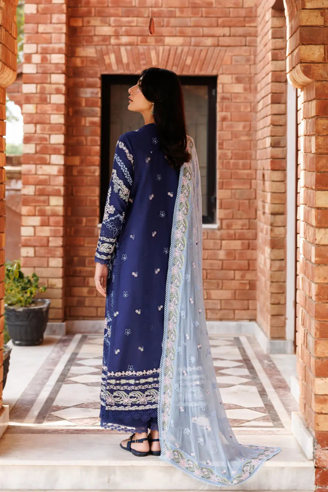 Petal Posh Emaan Adeel navy blue embroidered lawn stitched 3PC suit with chiffon dupatta