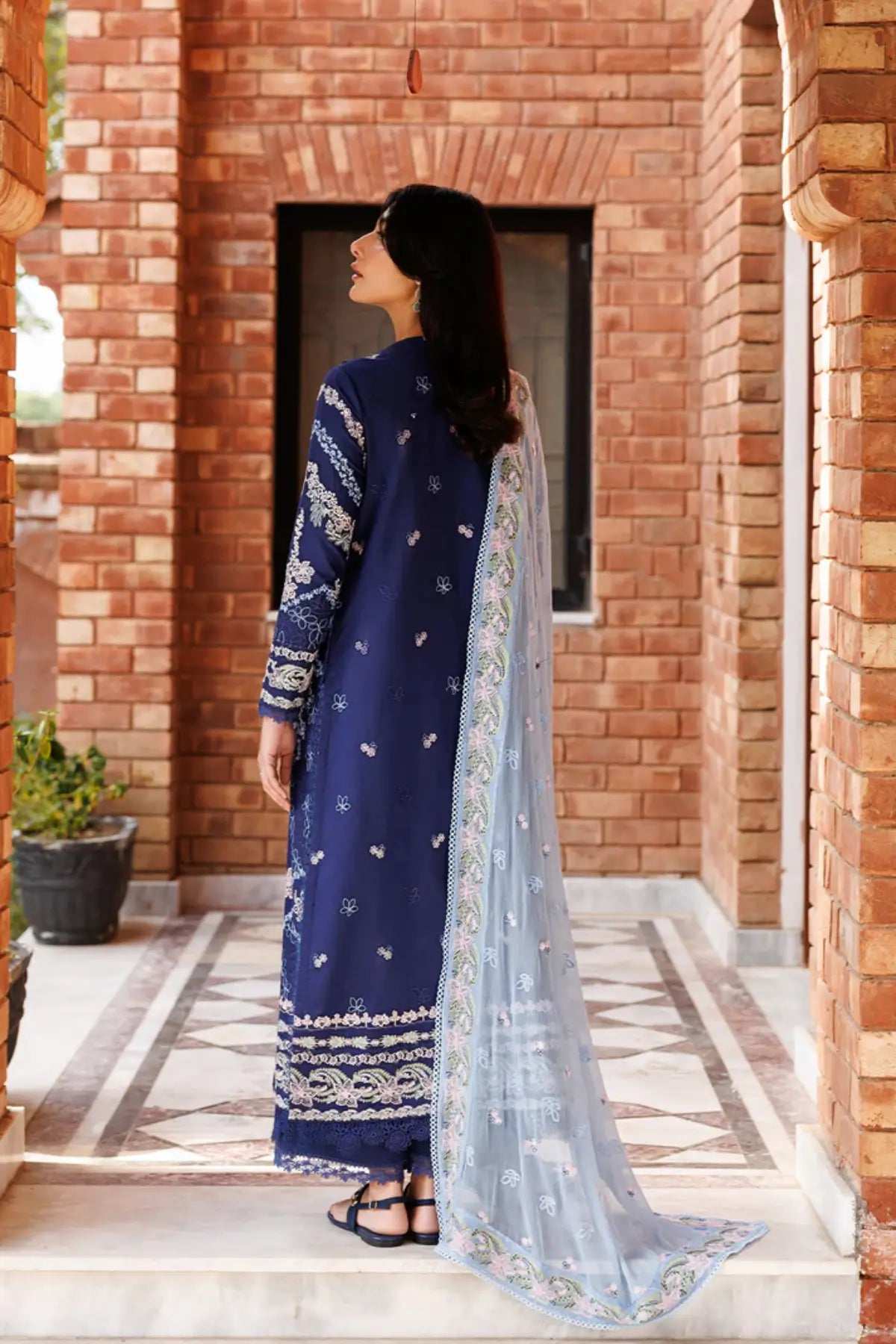 Petal Posh Emaan Adeel navy blue embroidered lawn stitched 3PC suit with chiffon dupatta
