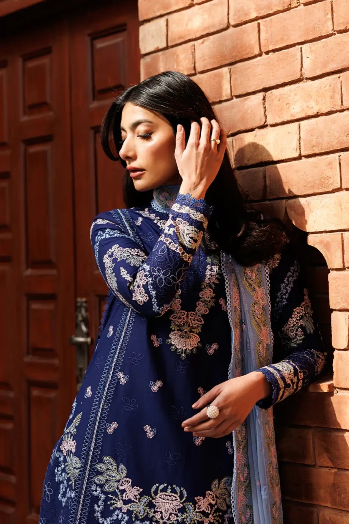 Petal Posh Emaan Adeel navy blue embroidered lawn stitched 3PC suit with chiffon dupatta