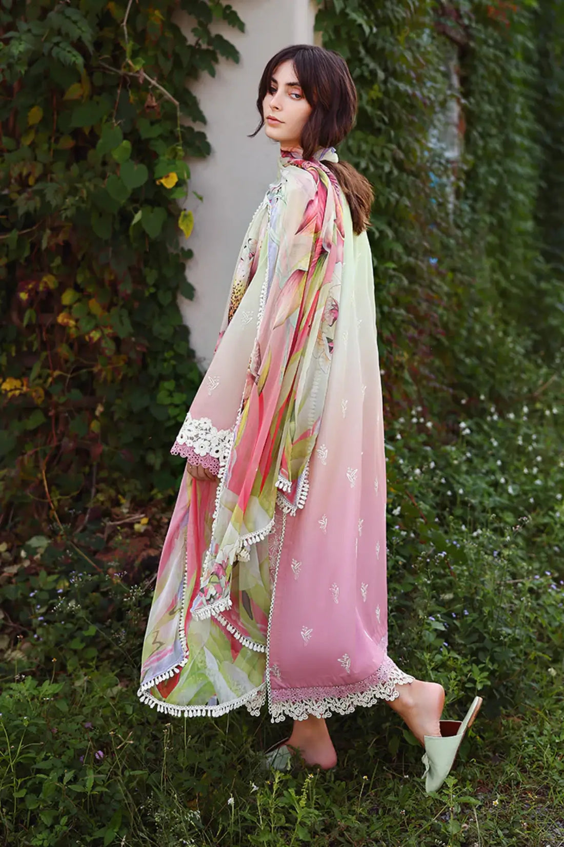 Petal Pull Mushq off white pink chikankari lawn 3pc stitched suit with chiffon dupatta