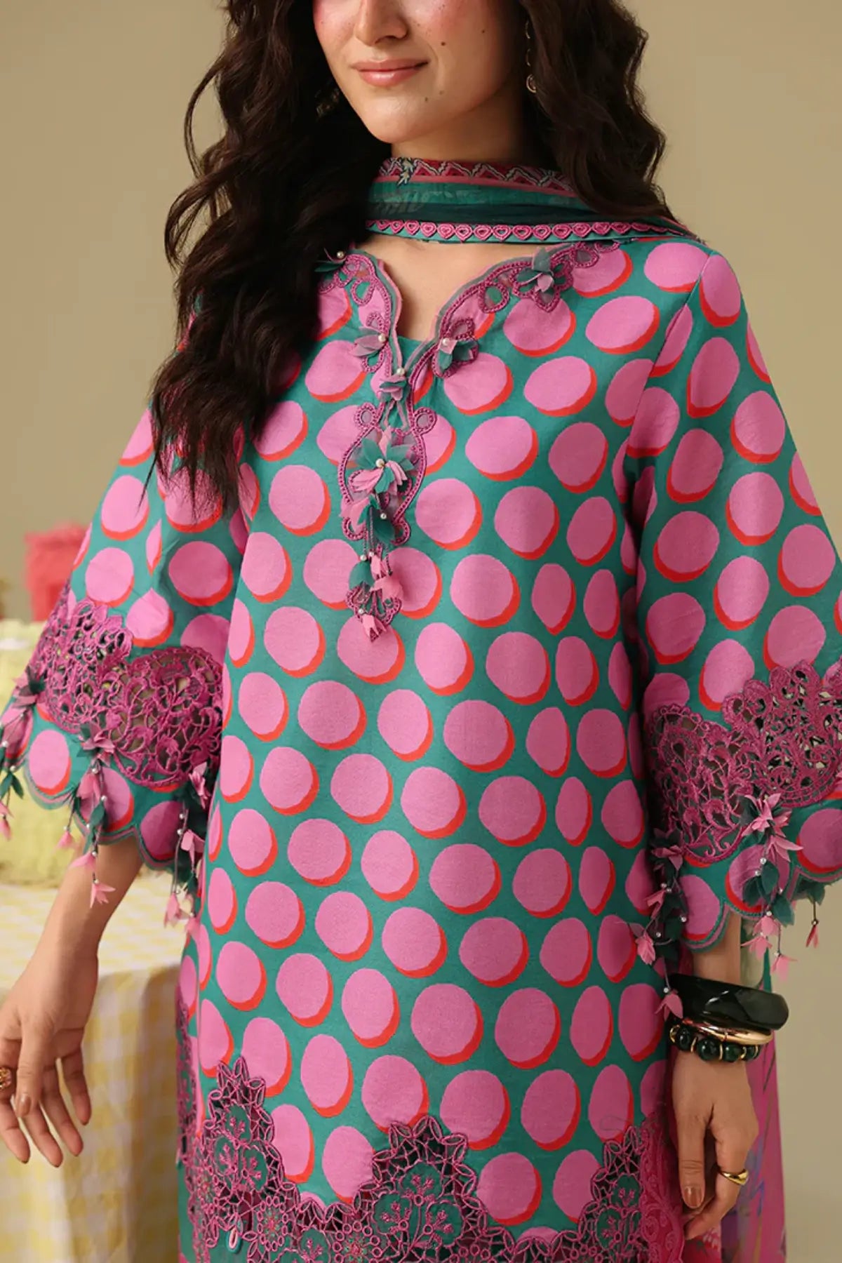 Petal Sonata Mushq Soleil Prints floral fuchsia lawn 3PC suit with chiffon dupatta and organza embroidery