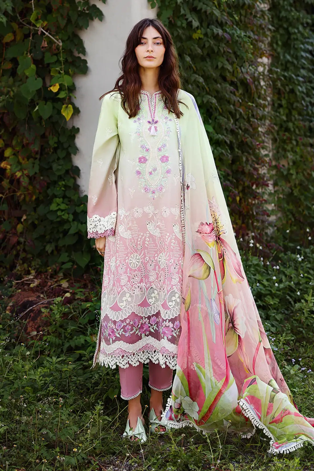 Petal Pull Mushq off white pink chikankari lawn 3pc stitched suit with chiffon dupatta