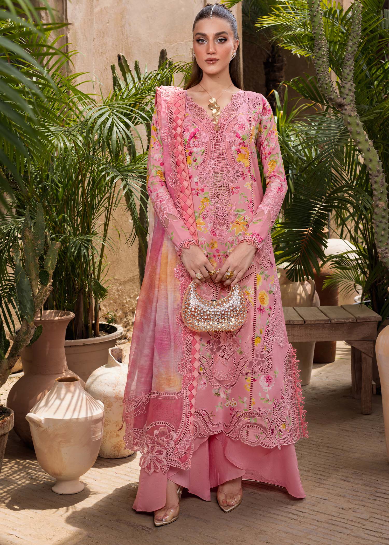 Petals and Promises- D2A-Designer Rosette Embroidered Lawn Suit with monar Dupatta by Crimson