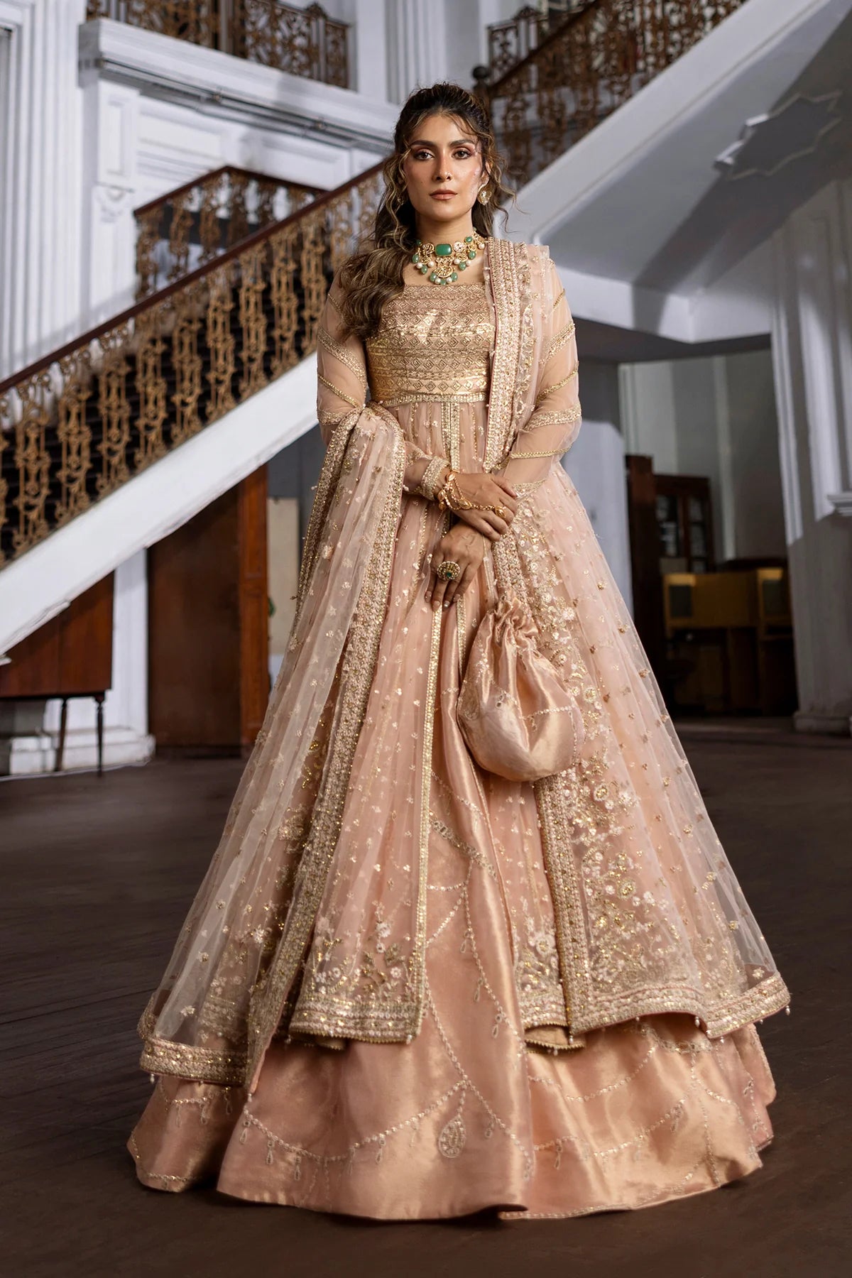 Pink Dust Pakistani stitched wedding pishwas lehenga suit with embroidered dupatta – Erum Khan Jahan Vol IV bridal outfit.