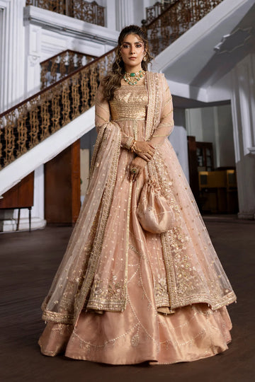Pink Dust Pakistani stitched wedding pishwas lehenga suit with embroidered dupatta – Erum Khan Jahan Vol IV bridal outfit.