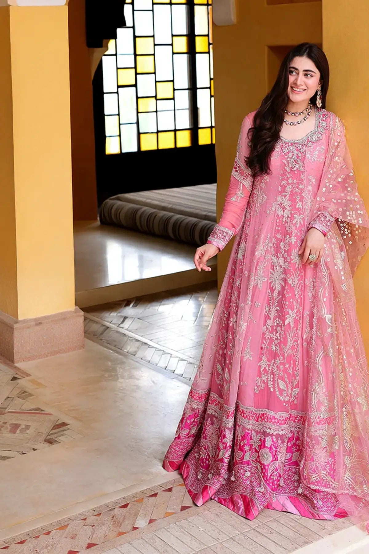 Pink Promise pink embellished sequinned chiffon Eid formal stitched dress with handworked neckline, raw silk trouser and foil printed net dupatta
