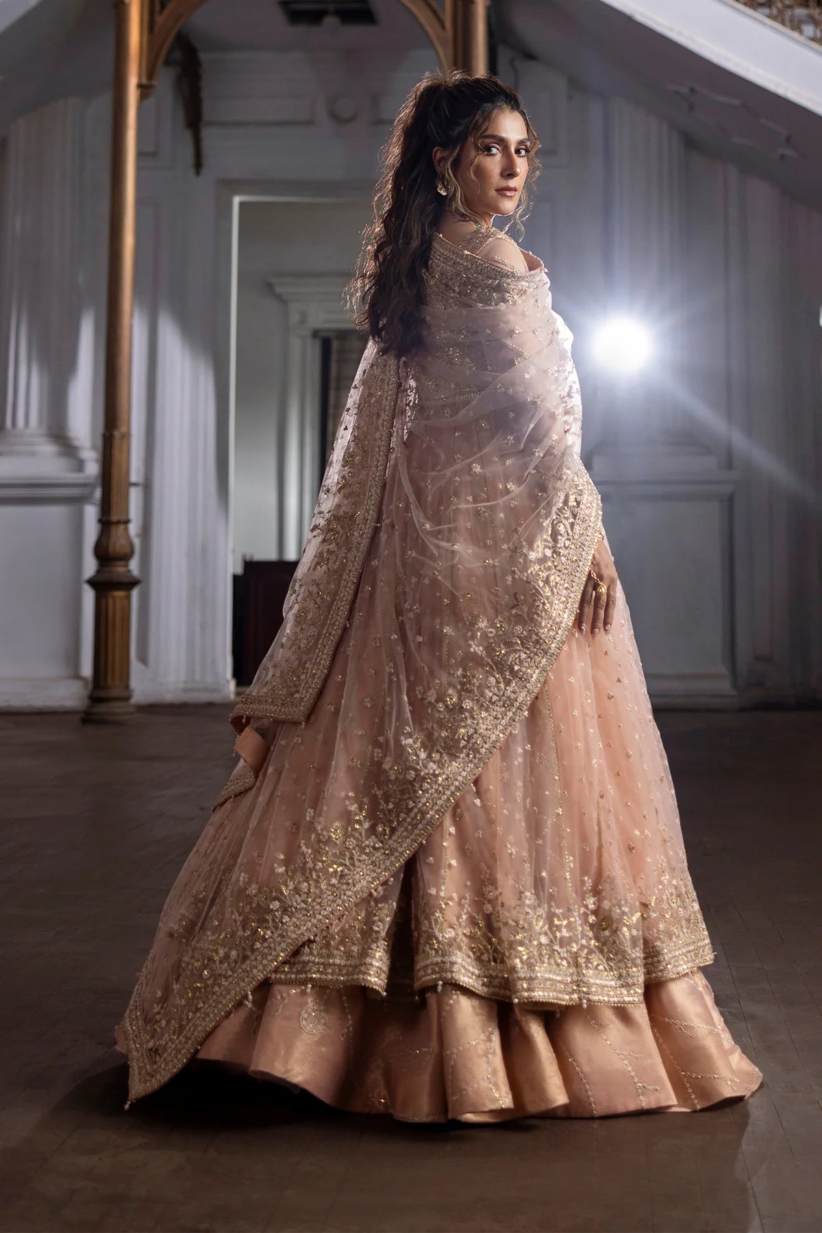 Pink Dust Pakistani stitched wedding pishwas lehenga suit with embroidered dupatta – Erum Khan Jahan Vol IV bridal outfit.