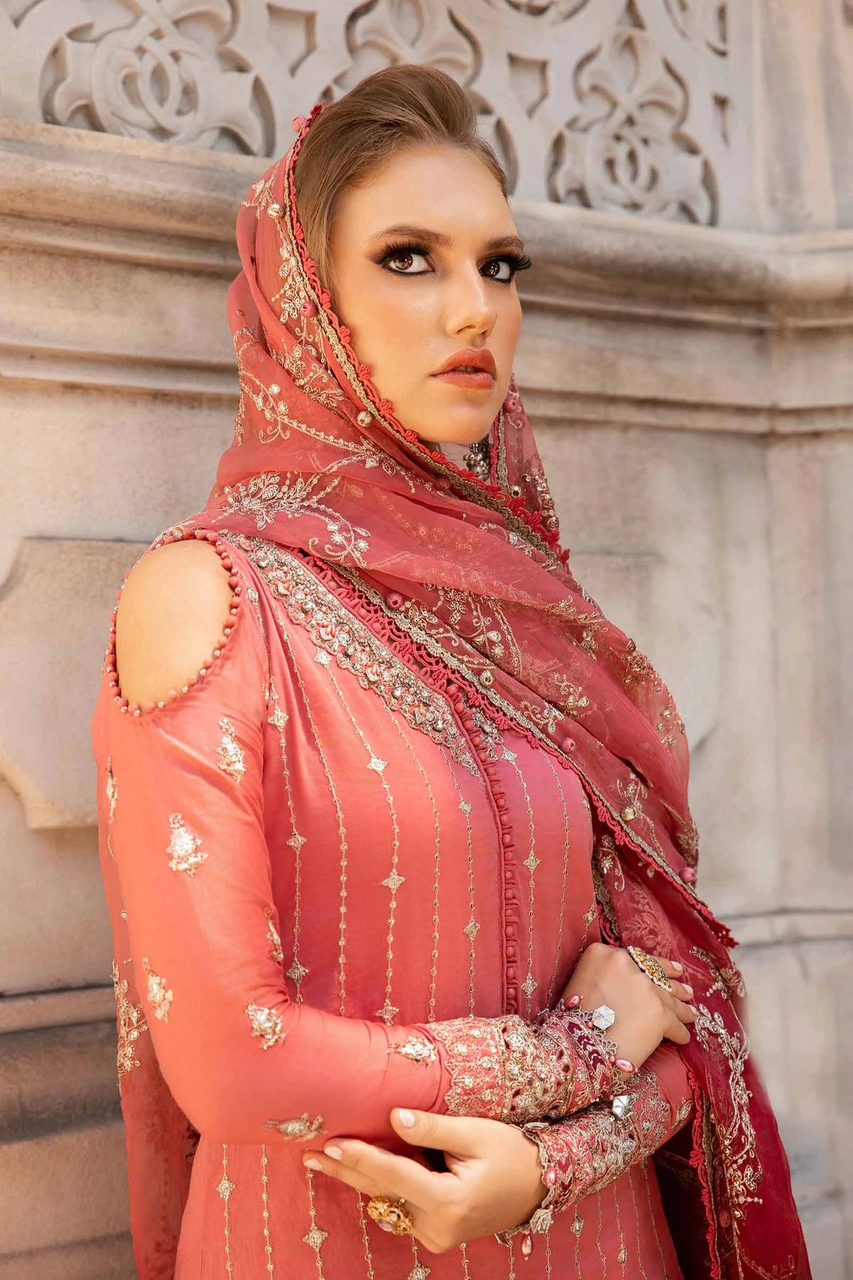 Pink Embroidered Cotton Satin Suit By Maria B