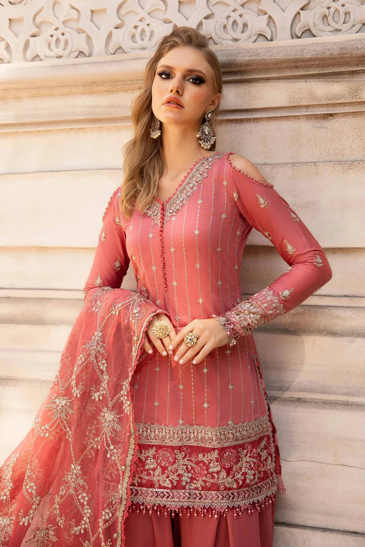Pink Embroidered Cotton Satin Suit By Maria B