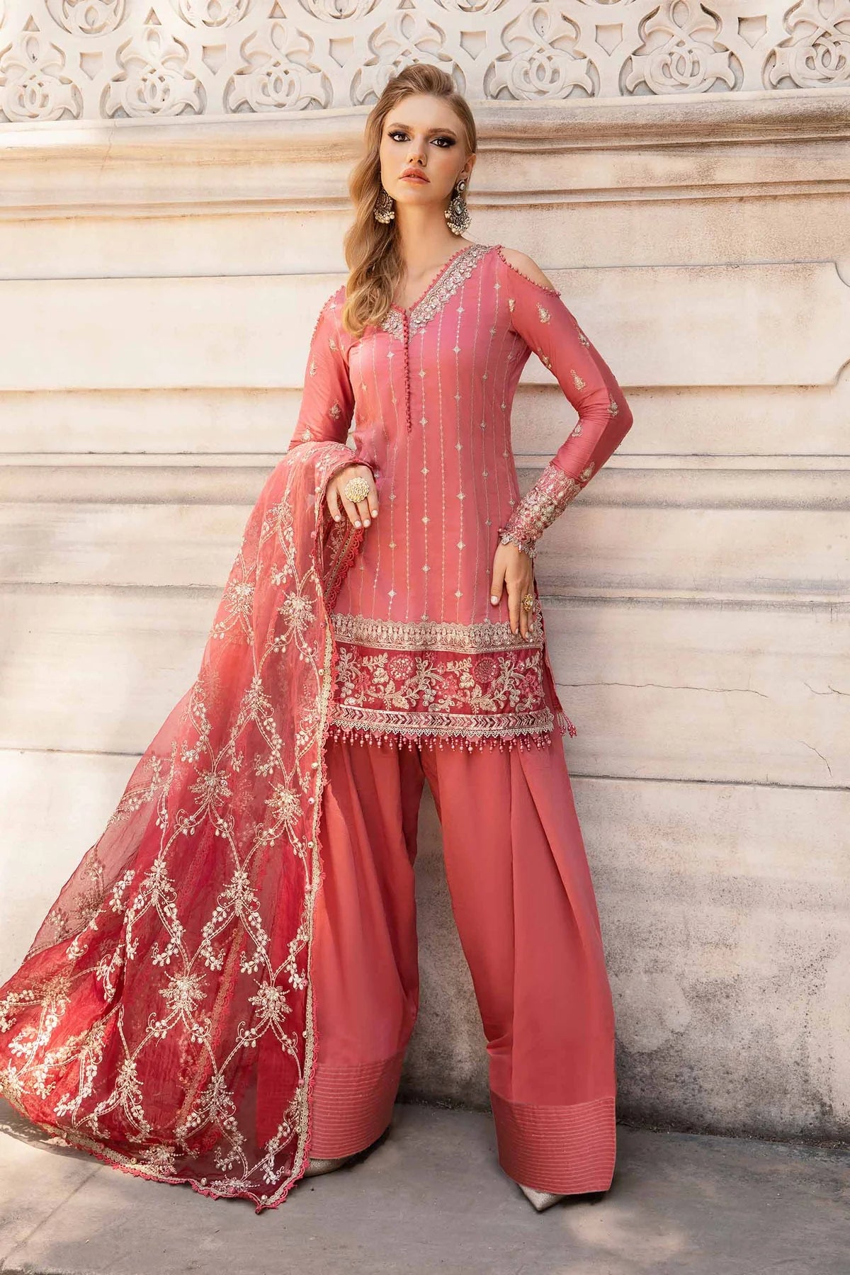 Pink Embroidered Cotton Satin Suit By Maria B